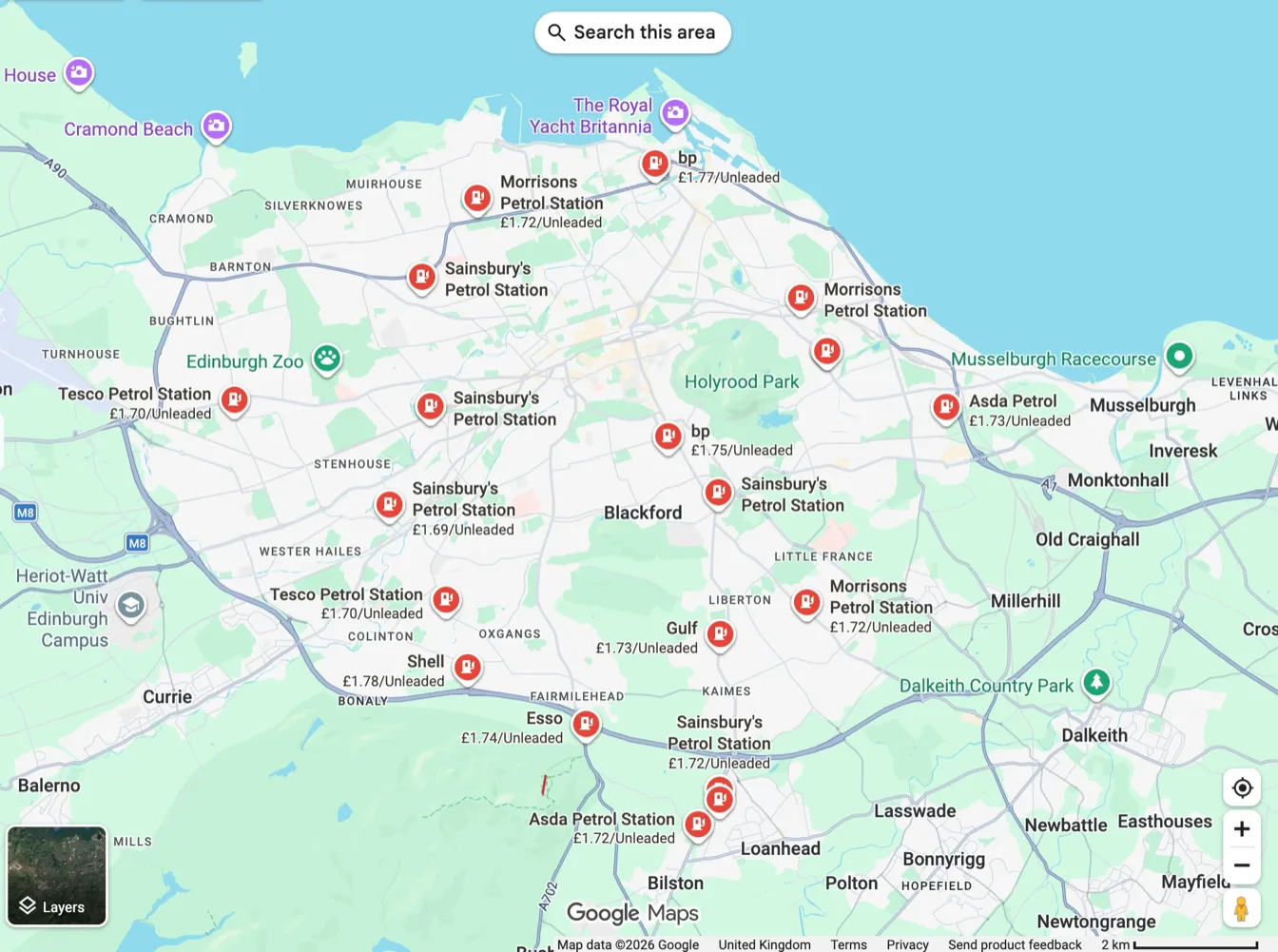 Google Maps showing petrol stations across Edinburgh, each labelled with its unleaded price, ranging from £1.69 to £1.78 a litre.
