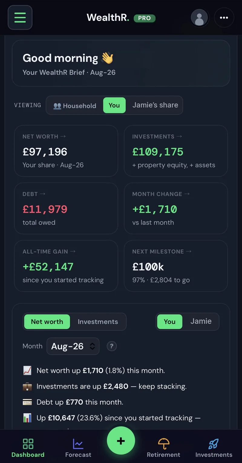 WealthR mobile dashboard (dark mode) — net worth, investments, debt and milestones on iPhone