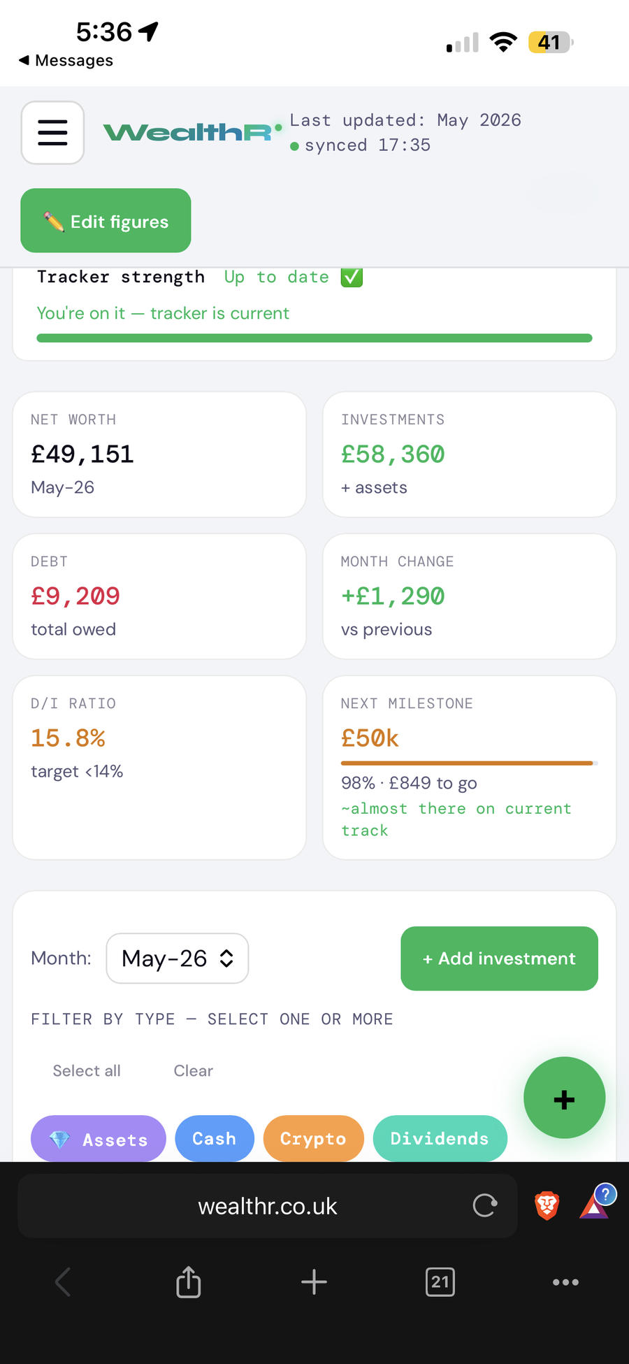 WealthR mobile dashboard — net worth, investments, debt and milestones on iPhone